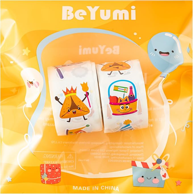 beyumi happy purim sticker roll - 1000pcs happy purim stickers in 2 rolls cute waterproof vinyl masque crown jewish holiday celebration decals gift carnival party laptop bottle scrapbooking decor kids