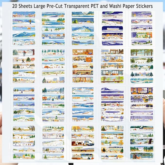 20 Sheets Pre-Cut Winter Scenery Scrapbook Sticker Book for Scrapbooking Supplies, Dual Washi and PET Materials Decorative Stickers for Journaling, Collage, Bujo, Crafts, 4.5 x 9.8 inches