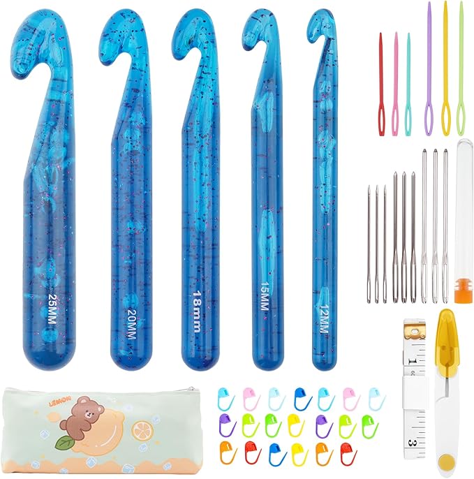 BsHooker 43Pcs Crochet Hooks Set,Plastic Crystal Crochet Hook with Case,5 Sizes Large Crochet Hooks for Chunky Yarn Ergonomic Crochet Needles for Beginners and Crocheting Yarn 12mm-25mm,Blue