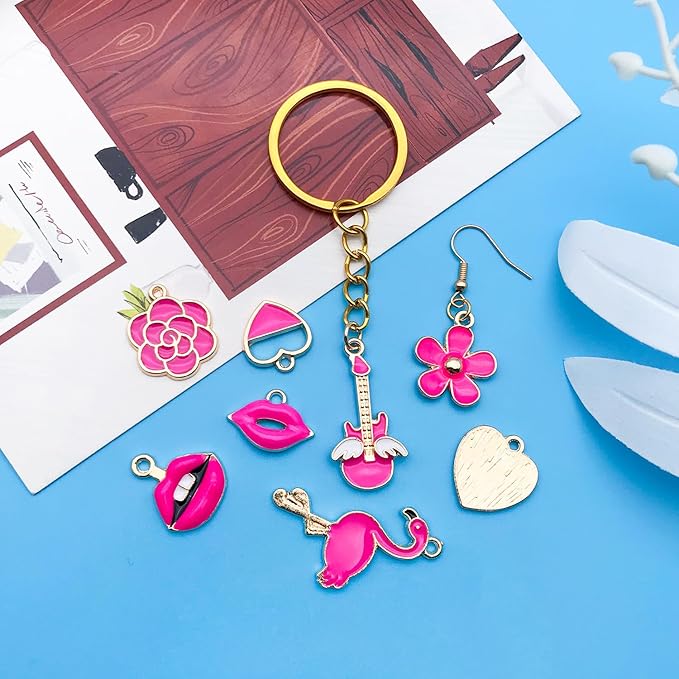 Youdiyla 60pcs Alloy enamel rose red series fixed set Pendant Jewelry Making DIY Keychain Earrings Pendant Various Design Charms for Jewelry Making Bracelets Necklace (HK554)