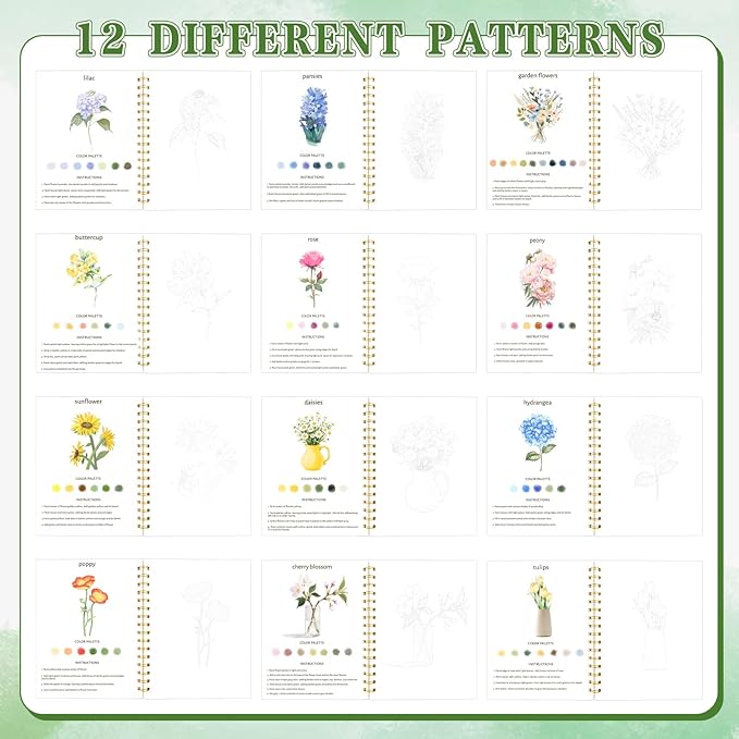 Watercolor Workbook，36 Colors Water Coloring Book Paint Set for Adults,12 Different Patterns of Original DIY Designs, Beginner-Friendly Watercolor Workbooks with Palette and Brush (Flower)