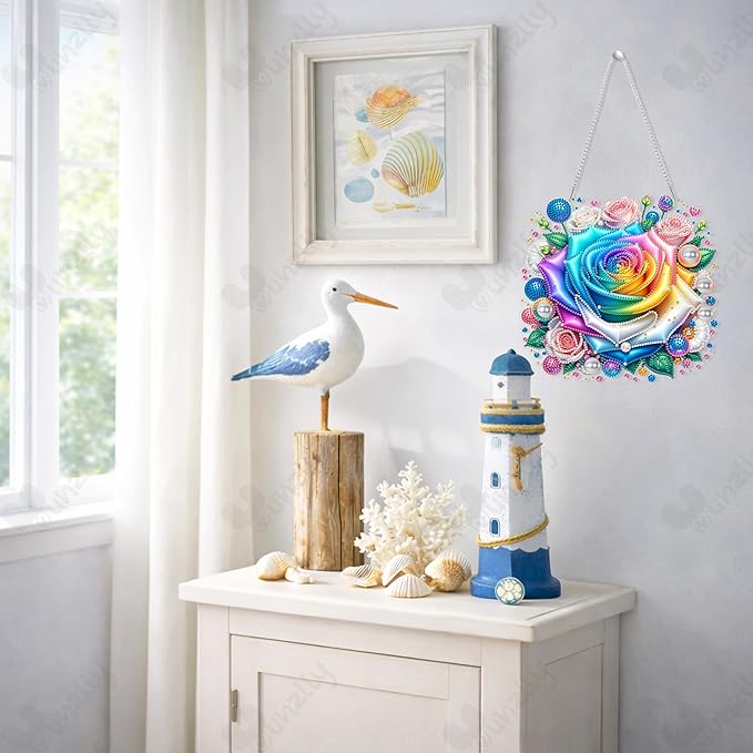 Yunzlly DIY Hanging Diamond Art Pendant Kit, Special Crystal Double Sided Diamonds Painting Ornament Kit for Adults, Acrylic Gem Painting Board for Window&Door&Wall (Rose Flower)