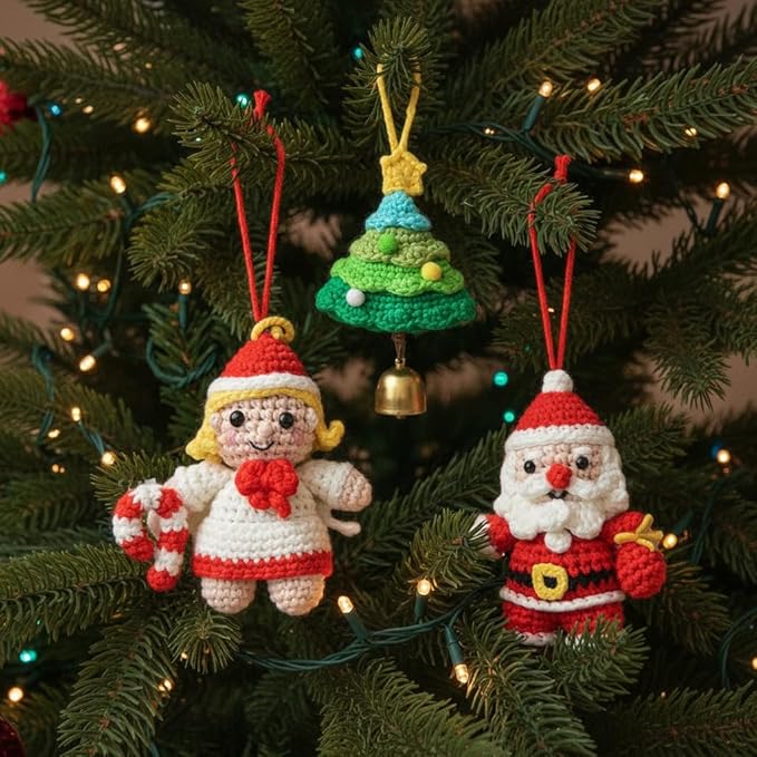 minimal beee Beginner Christmas Crochet Kit - 3-Piece Santa & Mrs. Claus Set, Complete Craft Supplies with Video Tutorials for Christmas Tree Decor.Gift Hobby for Adults