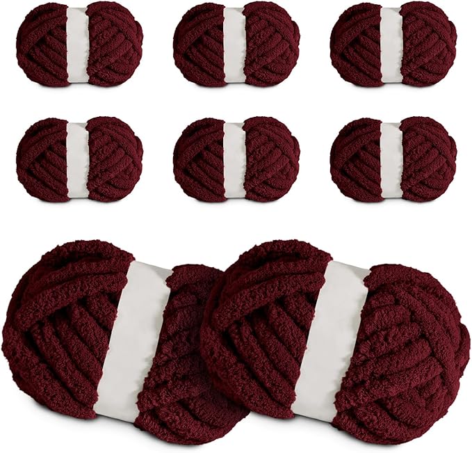 Super Soft Chunky Chenille Yarn – 8 Skeins × 8 oz (25 Yards Each) Jumbo Bulky Yarn for Crochet & Hand Knitting Blankets, Sweaters, Cushions, DIY Projects (Wine Red)