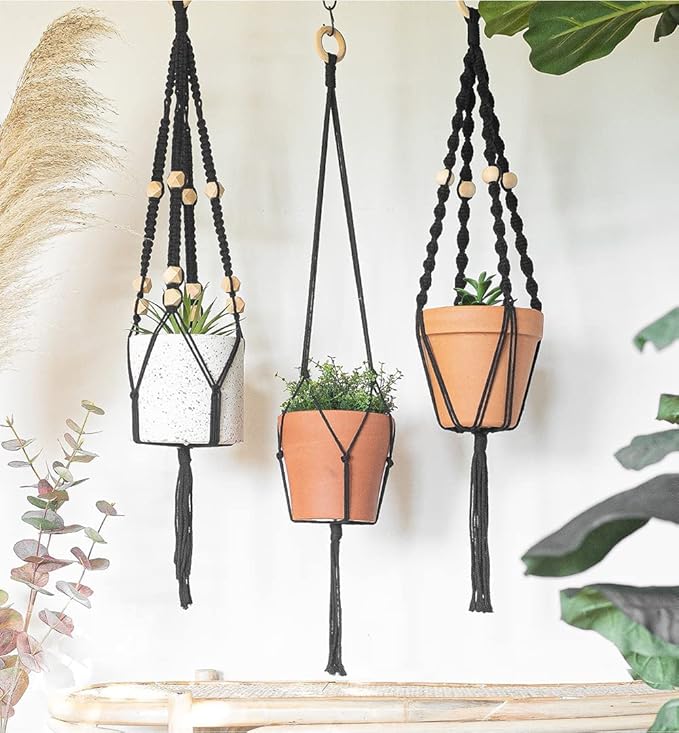 Macrame Kit-Black Edition-Makes 3 Macrame Plant Hangers with Easy to Follow Instructions for Adult Beginners - Includes 109 Yards 3mm Cotton Macrame Cord, Wooden Beads & Custom Instruction Booklet