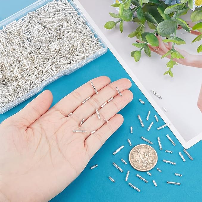 PH PandaHall 1600Pcs 4 Sizes Glass Bugle Beads, Silver Long Tube Seed Bead 5/6/9/12x2mm Loose Spacer Bead with 0.5mm Round Hole for Earring Bracelet Neckalce Jewelry DIY Craft Making Dress Decor