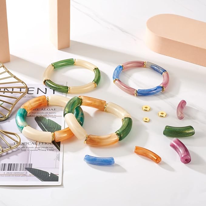 Sparkeads 120PCS Bamboo Tube Bracelet Making Kit for Women Friendship Bracelet Gift Stacking Bangles Chunky Curved Acrylic Beads Metal Spacers Elastic Thread Bracelet Beads