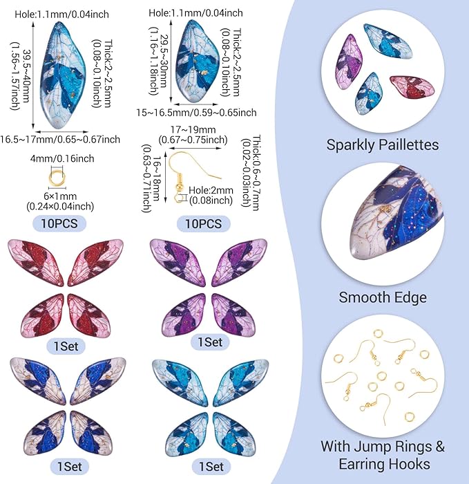FASHEWELRY 16Pcs Resin Wing Charms Blue Purple Red Butterfly Wing Earring Charms Colorful Dragonfly Wings Pendants with Jump Rings Earrings Hooks for DIY Earring Jewelry Making Kits
