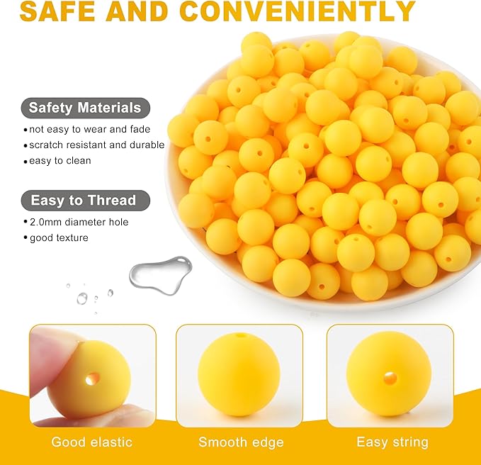150Pcs 15mm Silicone Beads for Keychain Making Bracelet Necklace, Bulk Round Silicone Beads for Pens（Yellow）