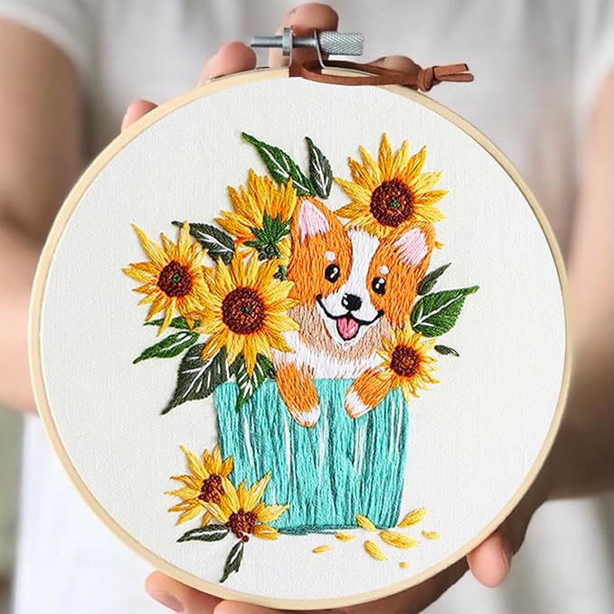 COCOMOX 3 Sets Embroidery Kit for Beginners, Dog Flower Pattern Embroidery Practice Kits for Adults, Hand Embroidery Kit, Easy to Follow Instruction and Video