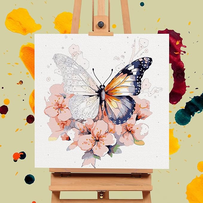 Framed Paint by Numbers Kit for Adults Beginners & Kids Ages 8-12, Butterfly Flowers Acrylic Easy Paint by Number with Frame, Number Painting Kits on Canvas Framed (12 * 12 Inch, without Easel)