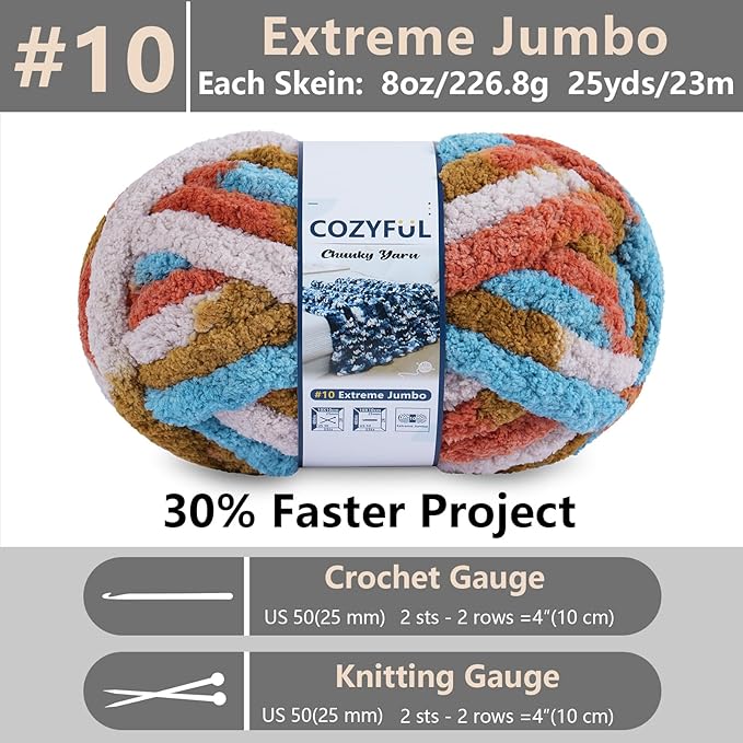 Chunky Yarn for Hand Knitting - #10 Chunky Chenille Blanket Yarn, Jumbo Big Thick Chunky Yarns for Crocheting, Tie Dye Bulky Knit Yarns, 8 Skein (25 yds 8 oz Each Skein), Orange&Mustard&Beige