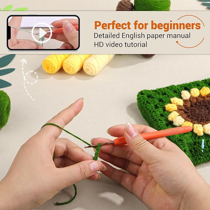 Pnytty Crochet Kit-Bag for Beginners, DIY Crochet Flower Bag Starters Craft Kniting Kits for Adults Include Crochet Yarn Hook Tools Supplies and Easy Step-by-Step Video Tutorials