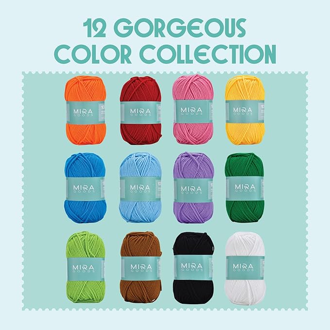 mira handcrafts crochet kit for beginners - essentials set with 12 acrylic yarn skeins and other knitting accessories, including ruler, hooks, needles, stitch holders, row counters, measuring tape