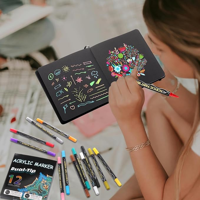 Thenshop 2 Pcs/200 Sheets Black Paper Sketchbook with 12 Metallic Marker Pens Set 5.5 x 5.5 in Black Writing Page Journal Notebook for Colored Gel Pens PU Hardcover Drawing Gifts