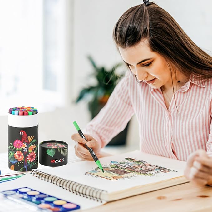 ZSCM 48 Colors Markers for Adult Coloring Books No Bleeding - Duo Tip Art Pens, Fine & Brush Coloring Marker for Adult Calligraphy, Illustration, Cards Drawing, Note taking Lettering, Journaling