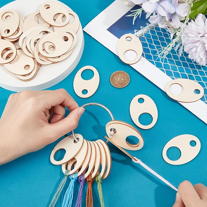 BENECREAT 100pcs Oval Wood Thread Drops, 1.9x1.3inch Wood Cross Stitch Thread Organization with Floss Ring for Craft DIY Sewing Storage, 2mm Thick