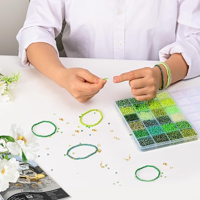 Vtssvow 3mm Glass Seed Beads for Bracelets Making, 24 Colors 10000pcs Friendship Bracelet Making Kit, Small Glass Beads for Jewelry Making (Mix 24 Color, Green)