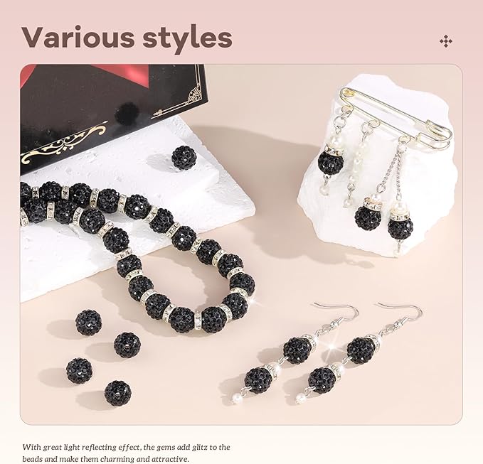 160pcs 10mm rhinestone beads for jewelry making, black shiny round disco ball beads bulk, sparkle crystal clay christmas for bracelet baseball necklace earring crafting and diy