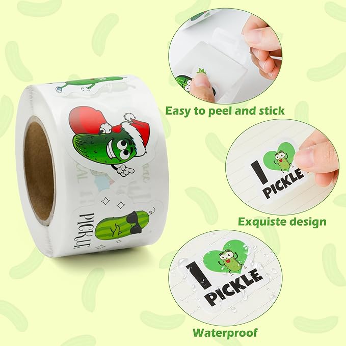 beyumi 1000pcs pickle cartoon stickers for kids in 2 rolls funny graphic aesthetics cucumber stickers waterproof vinyl sticker for scrapbooking bottle skateboard guitar luggage party decor gifts teens