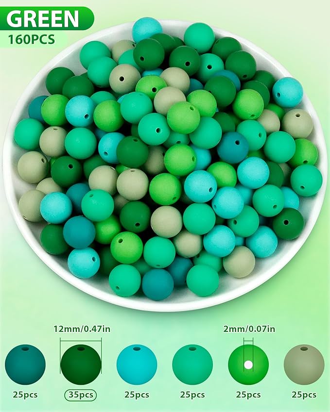 160pcs fiveizero 12mm silicone beads for keychain making, green mixed 6 colors round silicone bead bulk for pens, rubber beads for bracelets and diy crafts