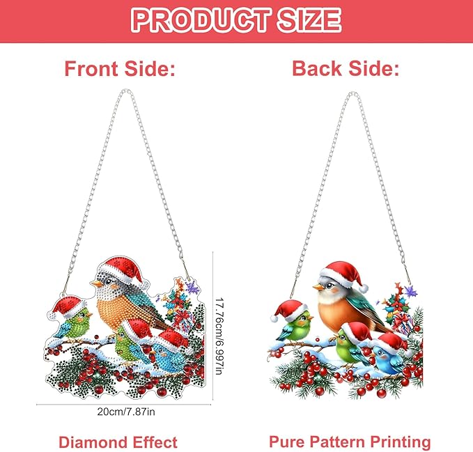 QENSPE Christmas Birds Diamond Art Hanging Kits for Adults with Chain, 5D Special Shape Berries Diamond Paingting Ornaments Kits,Easy DIY Crystal Pendant Gem Art for Home Garden Wall Decor 8X8 inch