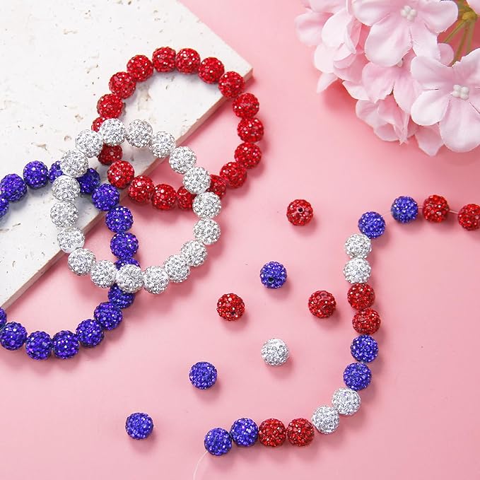 200 Pcs 10mm Rhinestone Beads for Jewelry Making, Blue Red White Shiny Round Shamballa Disco Baseball Necklace Beads Sparkle Crystal Clay Pave Rhinestones Bead for DIY Bracelet Earring Keychain Making