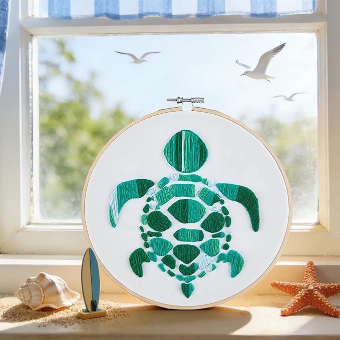 Sea Turtle Embroidery Kits for Beginners Adults, Hand DIY Embroidery Starter Kit, Stamped Cross Stitch Kits for Beginners Adult Craft Kits for Women, Entire Set of Embroidery Supplies & Video Tutorial