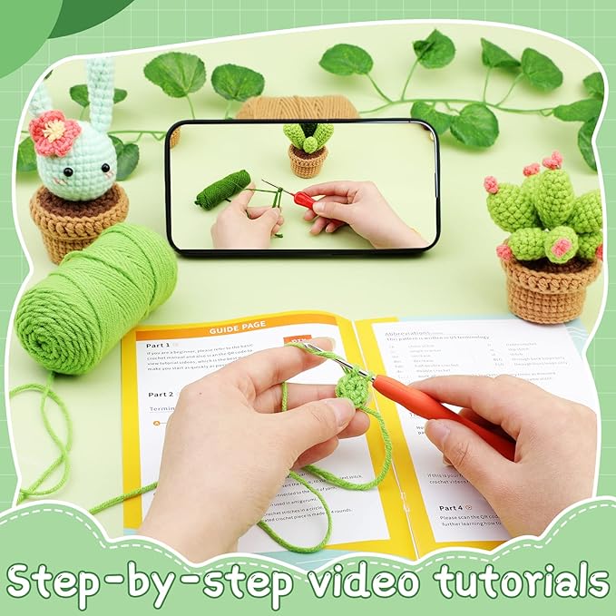 WONVOC Plant Crochet Kit, Crochet Plant Kit for Beginners, Beginner Crochet Kit for Adults, with Crochet Hooks, Crochet Supplies, Plastic Eyes and Instructions, Succulent Plants Mixed 6 Pcs