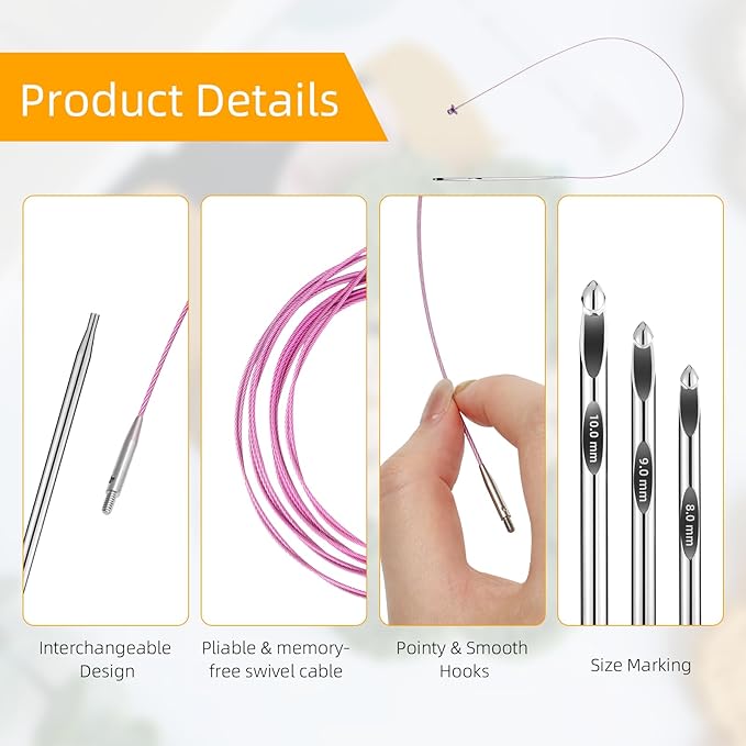 AIYUNDI Tunisian Crochet Hooks Set with Cable, 6-Inch Aluminum Interchangeable Crochet Hooks 3mm-10mm, Long Crochet Hooks, Lightweight, Anti-Twist Swivel Cables, Ergonomic, Umber 26 PCS