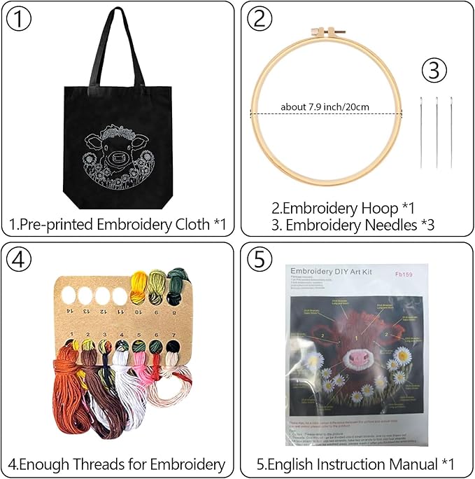FSSODWT Embroidery Kit Canvas Tote Bag, Canvas Handbag Embroidery Kit for Beginners with Pre - Printed Highland Cow Pattern - DIY Needlepoint Crafts with Hoops Threads Needle for Adults