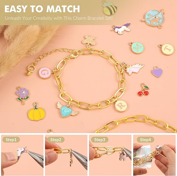 Zplontya Gold Charm Bracelet Making Kit - 545 Pcs Jewelry Making Supplies with 20Pcs Bracelet Chains, Storage Box & Gift Bags, DIY Bracelet Kit for Jewelry Making, Gold Charms for Crafting