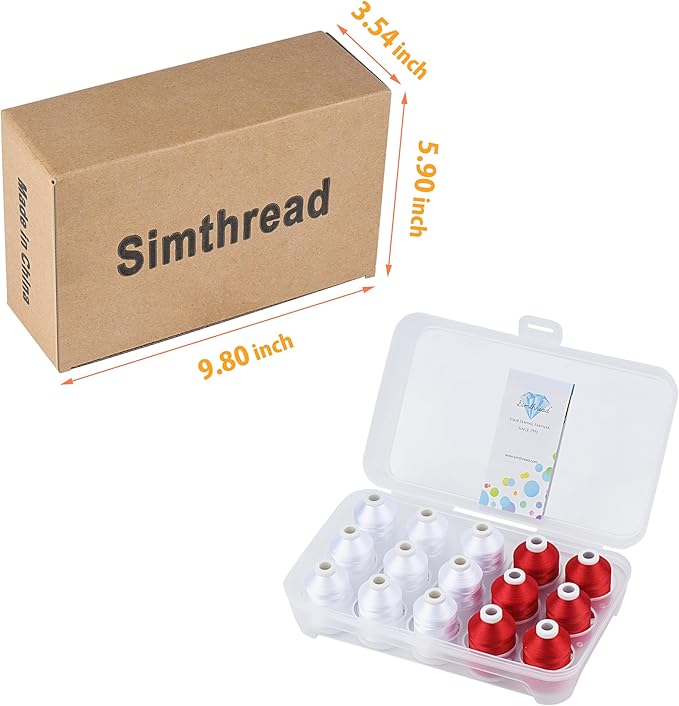 Simthread Machine Embroidery Thread 1000M White 001 + Red 800, with Storage Box Polyester 15 Spools Set for Embroidery Quilting Machine