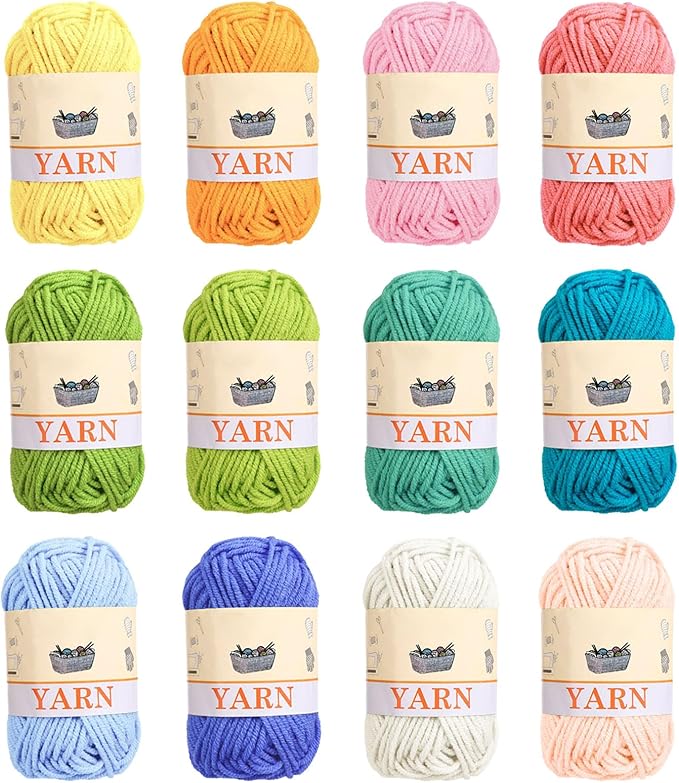 12pcs Yarns for Crocheting, 12 Colors Starter Acrylic Crochet Yarn Bundle 4 Ply for Adult Child Knitting Crochet Crafts (12 x 15g)
