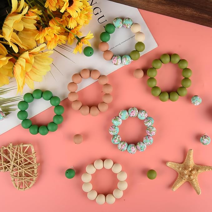 ASTARON 100 Pcs 15mm Silicone Beads for Keychain Making, Brown Green Round Beads for Bracelets Crafts Beadable Pens Decorations Jewelry Making Party Favors Supplies