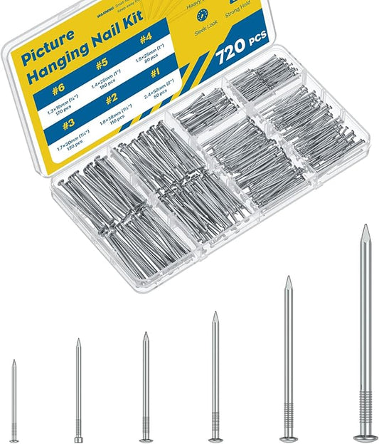 Vibit 720 Pcs Nail Assortment Kit, 6 Sizes, Picture Hanging Nails for Wall Art, Small Nails for Hanging Pictures, Drywall Wood Hardware Nails Finishing Nails Wall Nails for Hanging Photos Mirrors