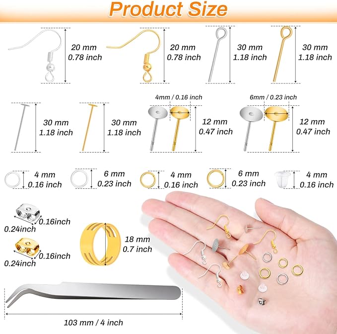 Modacraft 2000Pcs Earring Making Supplies Kit - Hypoallergenic, Includes Hooks, Findings, Posts, Backs, Pins, Jump Rings for Jewelry Making
