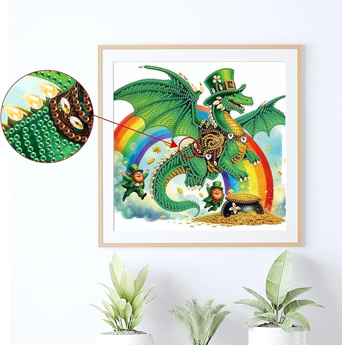 MVVMTOP Diamond Painting Kit St Patrick’s Day Dragon and Rainbow Shamrock Lucky Coins Special Shaped 5D Partial Crystal Diamond Art DIY Wall Decor Gift