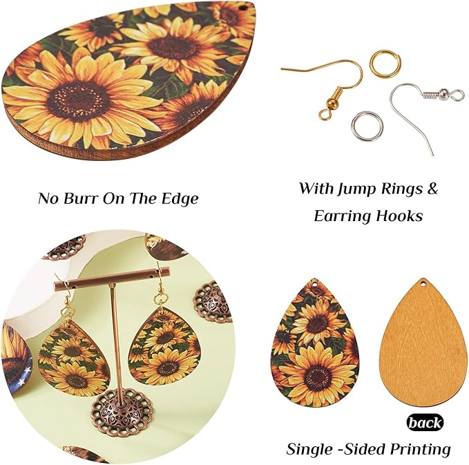 Beadthoven 18 Pairs DIY Sunflower Printed Wood Dangle Earring Making Kit Vintage Rustic Summer Flower Wood Pendants Teardrop Charms Hanging Ornaments Earring Hooks Jump Rings for Jewelry Making Adult