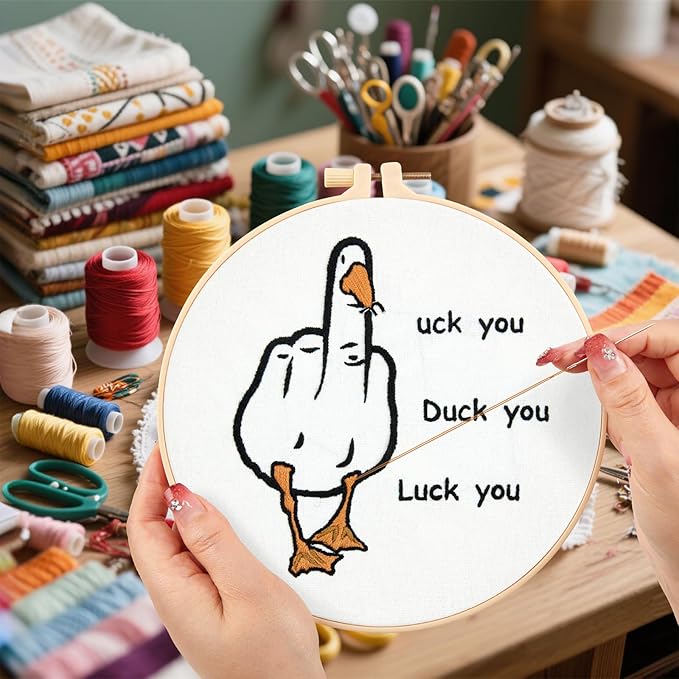 Middle Finger Duck Embroidery Kits for Beginners Adults, Funny Embroidery Starter Kits, Counted Cross Stitch Kits for Beginners DIY Craft Kits for Adult Women, Embroidery Hoop, Thread & Video Tutorial