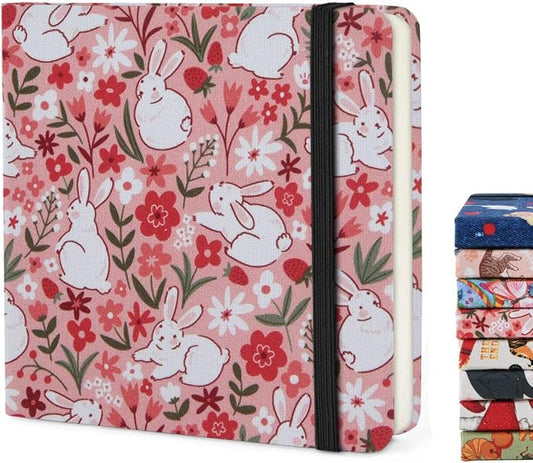 Handy Size 5 x 5 inches Sketch Book, 80GSM Acid Free Artistic Drawing Painting Writing Paper, Hardcover Cloth Cover Art Sketchbook,Journal Notebook.Pink Flower Rabbit