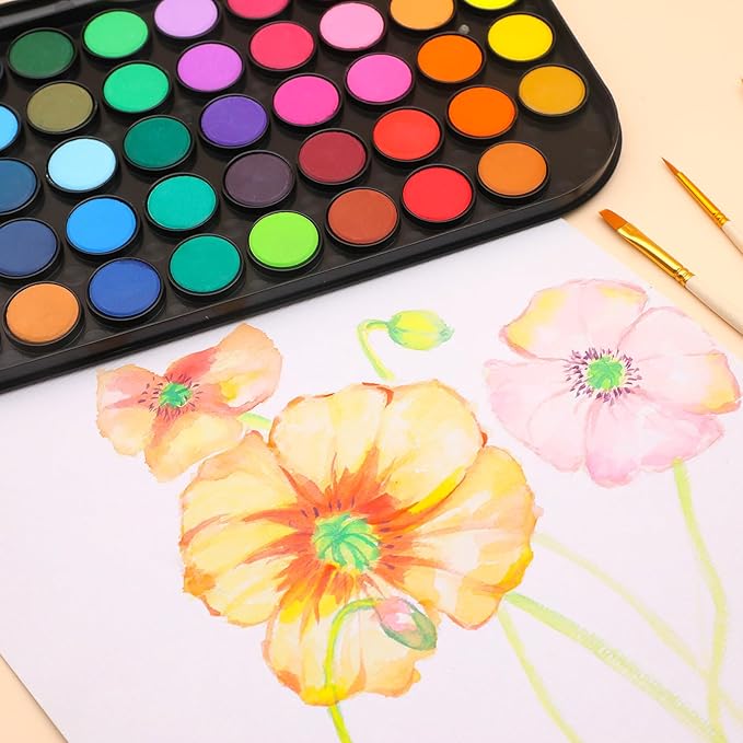 Artecho 48 Colors Watercolor Cake Set with 3 Brushes, Washable, Travel Design, Perfect for Card Making, Illustrations, Painting, Calligraphy