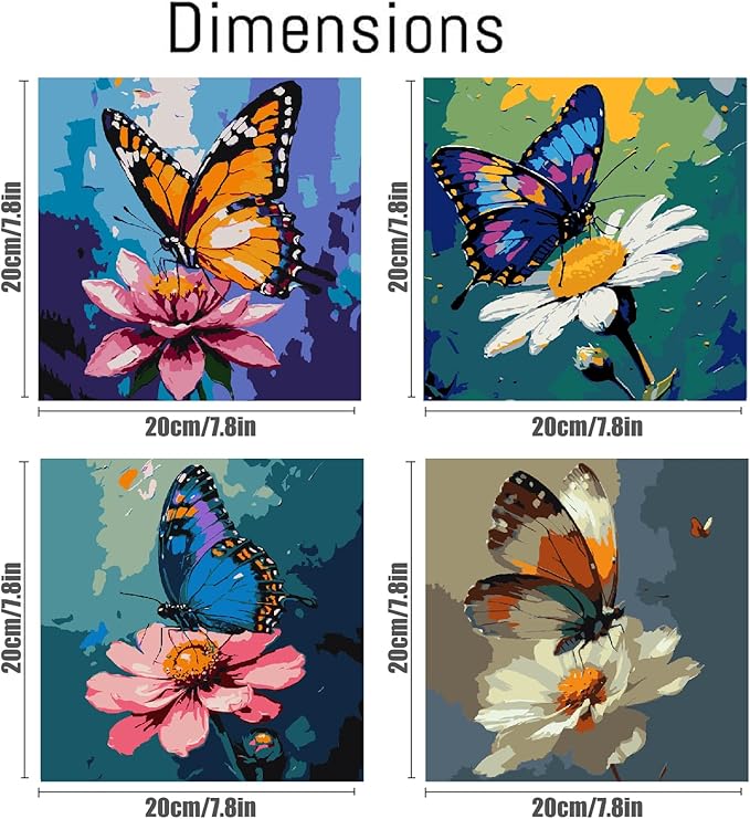 Canrichshop 4 Pack Butterfly Paint by Numbers for Beginner with Frame,Colorful Butterfly Adult Paint-by-Number Kits on Canvas, DIY Number Painting for Adults for Decor 8X 8 inch