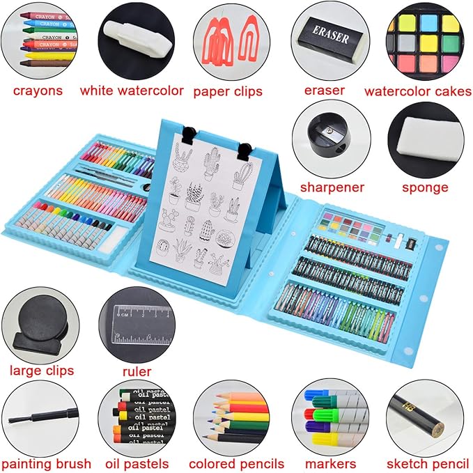 Sunnyglade 185 Pieces Double Sided Trifold Easel Art Set, Drawing Art Box with Oil Pastels, Crayons, Colored Pencils, Markers, Paint Brush, Watercolor Cakes, Sketch Pad (Blue)