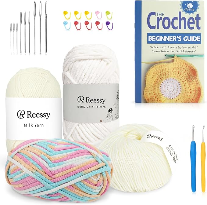 Reessy Crochet Yarn Kit for Beginners – 4 Yarns Sampler Pack (Acrylic, Cotton, Velvet Chenille, Beginner Yarn) with Hooks & Accessories – All-in-One Crochet Starter Kit for Beginners Adults (C)