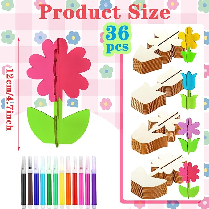 Blosssound 48 Pcs Spring Crafts Set 36 Pcs 3D Wooden Flower Cutouts Wood Unfinished Tulip Slices to Paint with 12 Colored Markers for DIY Mother's Spring Crafts Handmade Table Tiered Tray Decor