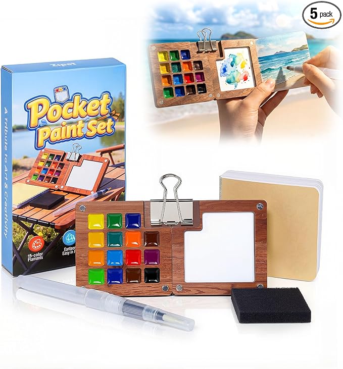 5 Pcs Mini Watercolor Paint Set, All-in-One Walnut Wood 15-Color Premium Pocket Travel Paint Kit, with Crossbody Bag,Watercolor Journal Metal Clip Paint Ideal for Art Lovers (5)