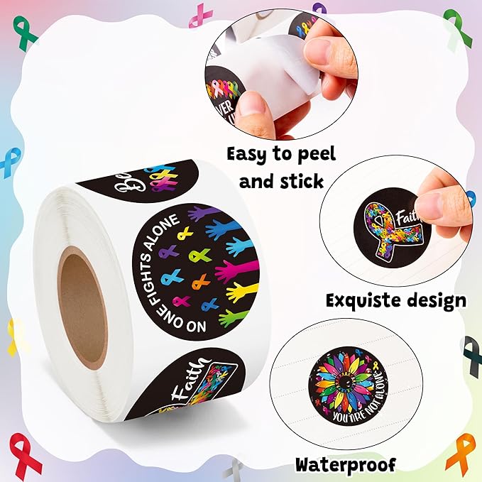 beyumi cancer awareness roll stickers - 1000pcs cancer awareness stickers in 2 rolls waterproof vinyl colorful ribbon round decals laptop bottle notebook luggage gift oncology nurse women decor