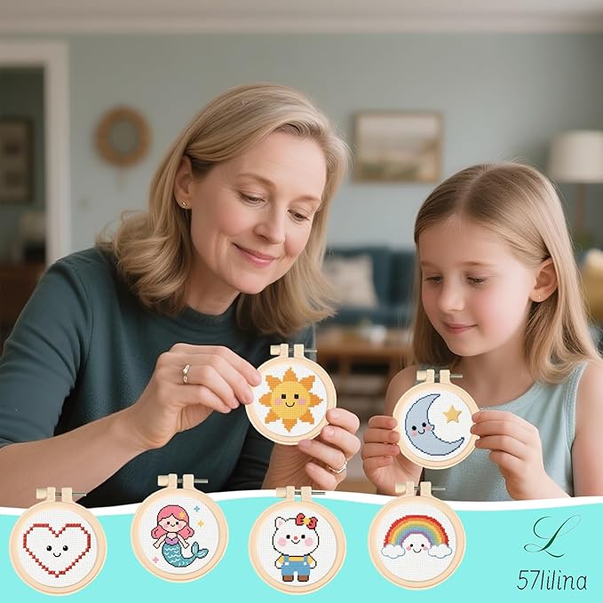 57lilina Cross Stitch Kits for Kids - 6 Set Easy Beginners Embroidery Kit for Kids, DIY Cute Pre Printed Stamped Crossstitch Needlepoint Patterns Craft for Backpack Charms, Keychains & Girls Gifts