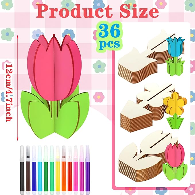 Blosssound 48 Pcs Spring Craft Set 36 Pcs 3D Wooden Flower Cutouts Wood Unfinished Tulip Slices to Paint with 12 Colored Markers for DIY Mother's Spring Crafts Handmade Table Tiered Tray Decor